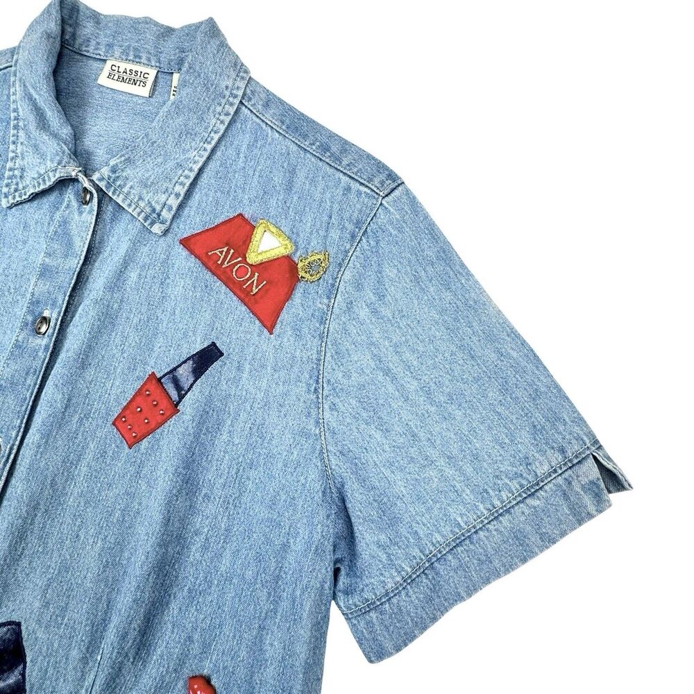 Vintage Avon Denim Button Up Shirt Women S Blue Cosmetics Makeup Retro Ruth - Picture 4 of 15